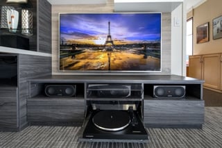 Custom components storage in a Media Center by Valet Custom Cabinets & Closets