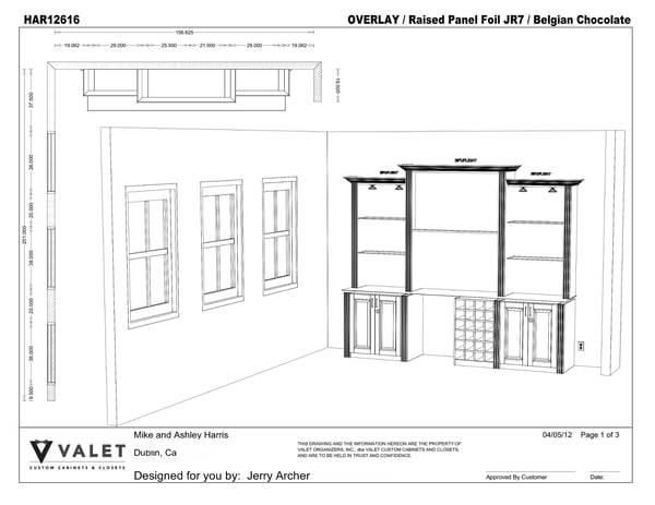 A CAD Drawing for a Valet Custom Cabinets & Closets customer