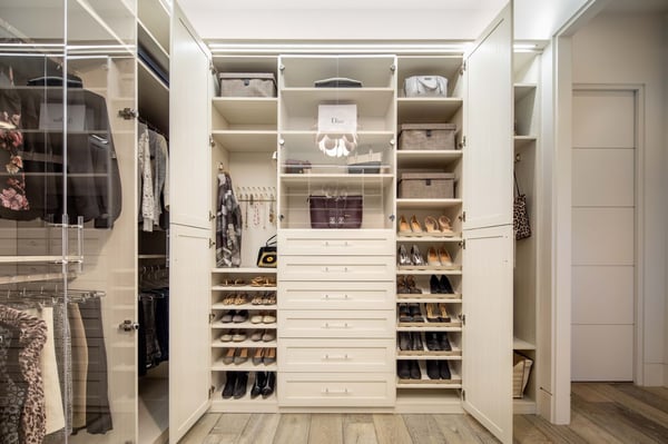 Shoe Storage in Los Gatos Master Closet by Valet Custom Cabinets & Closets