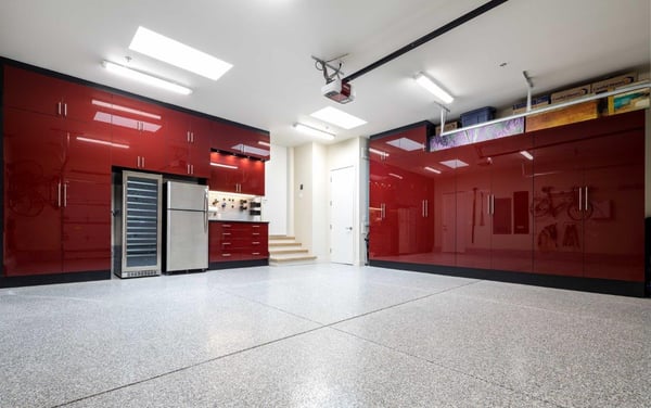 Custom Garage by Valet Custom Cabinets & Closets Black TFL with Ruby Red Acrylic Fronts - Full View