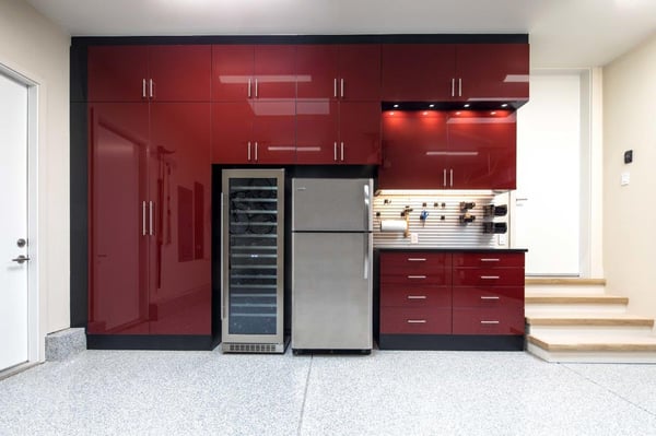 Custom Garage by Valet Custom Cabinets & Closets Black TFL with Ruby Red Acrylic Fronts - Straight Close Up