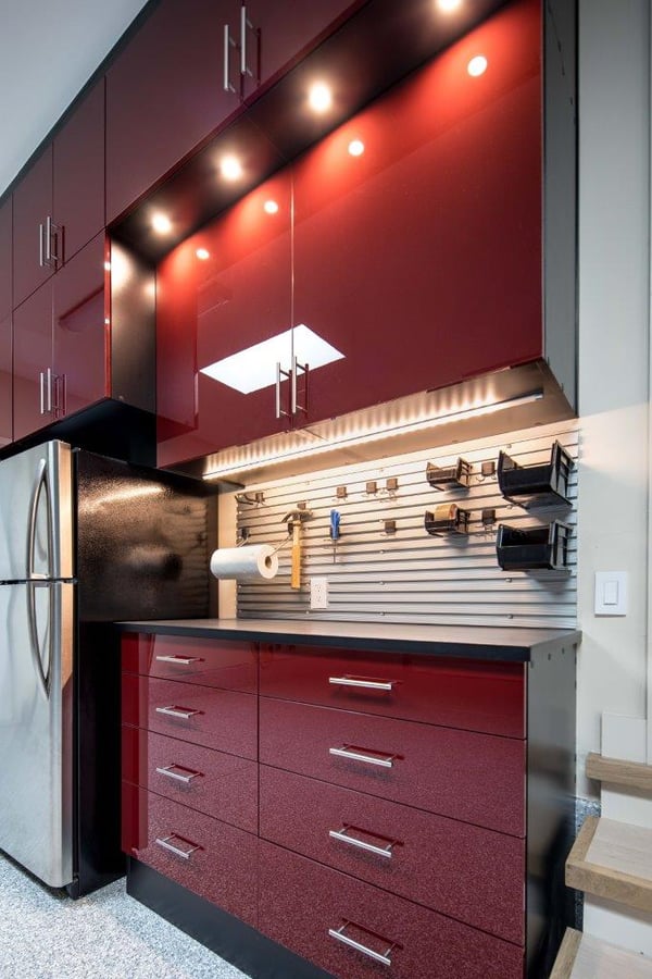 Custom Garage by Valet Custom Cabinets & Closets Black TFL with Ruby Red Acrylic Fronts - Lf Angle