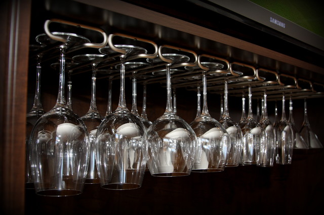 custom home bar and media center wine glass rack