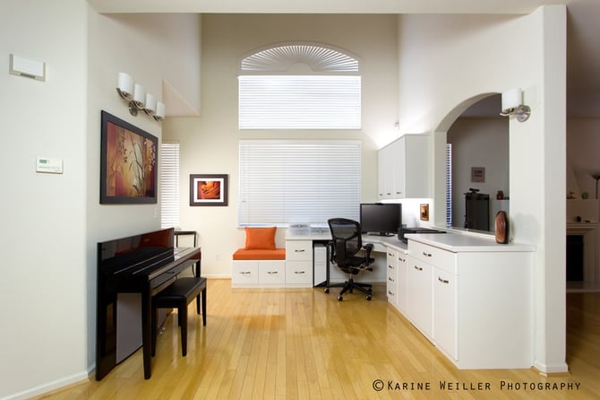  Adding an office space to a living area can be beautiful with corresponding finishes and hardware.