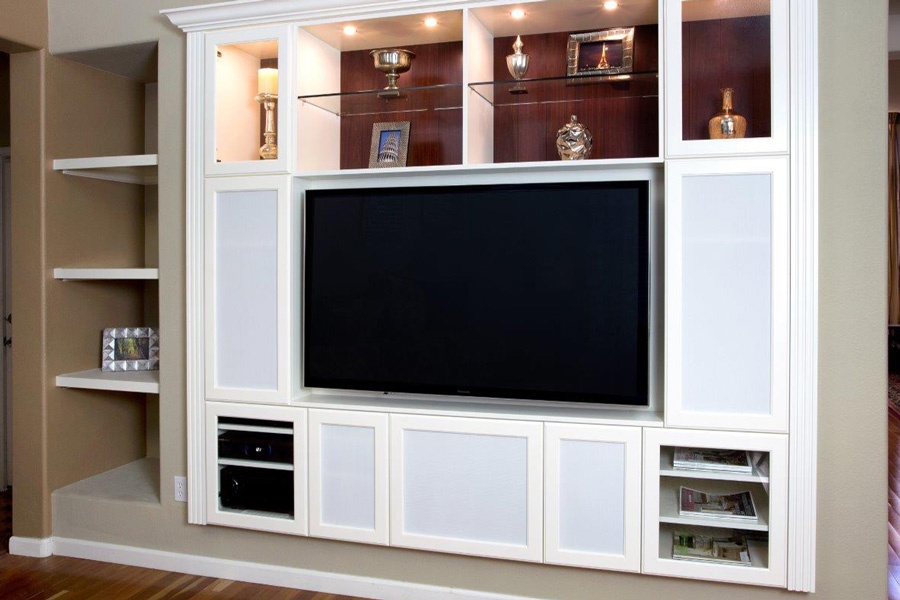 Valet Custom Luxury Media Cabinets Built In Entertainment Centers White Thermally Fused Laminate Raised Panel Foil Fronts